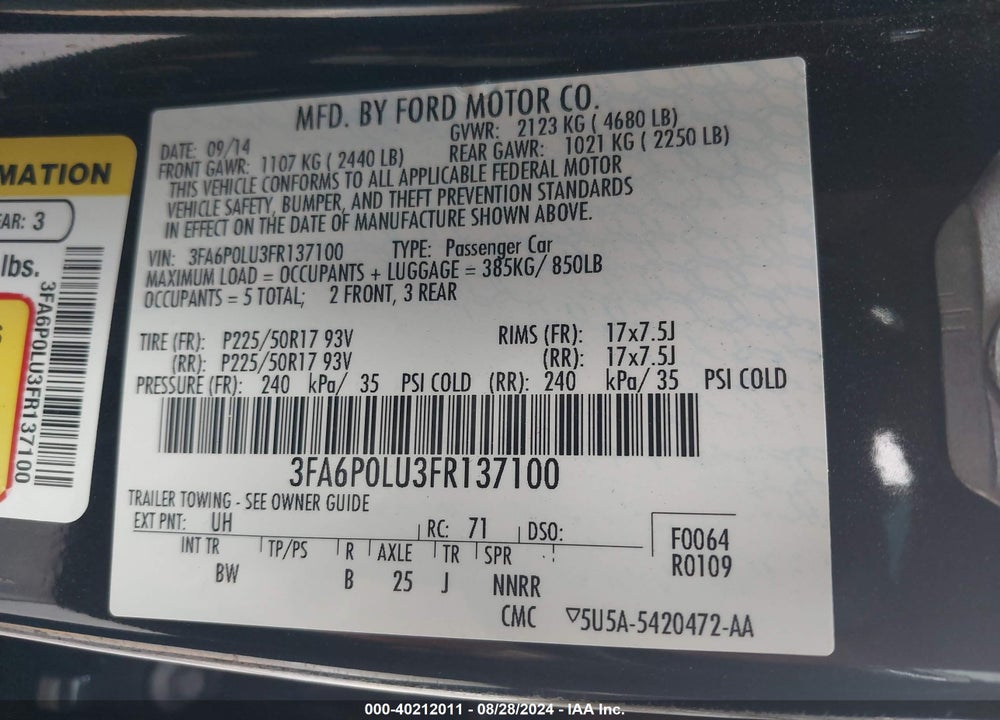2015 FORD FUSION HYBRID VIN: 3FA6P0LU3FR137100