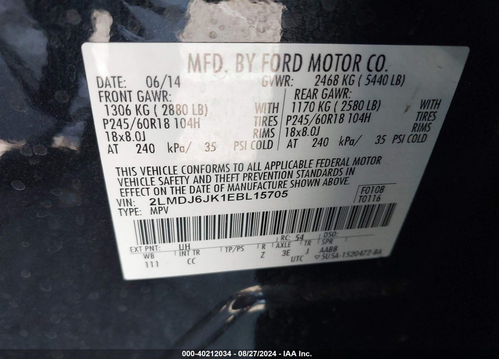 2014 LINCOLN MKX VIN: 2LMDJ6JK1EBL15705