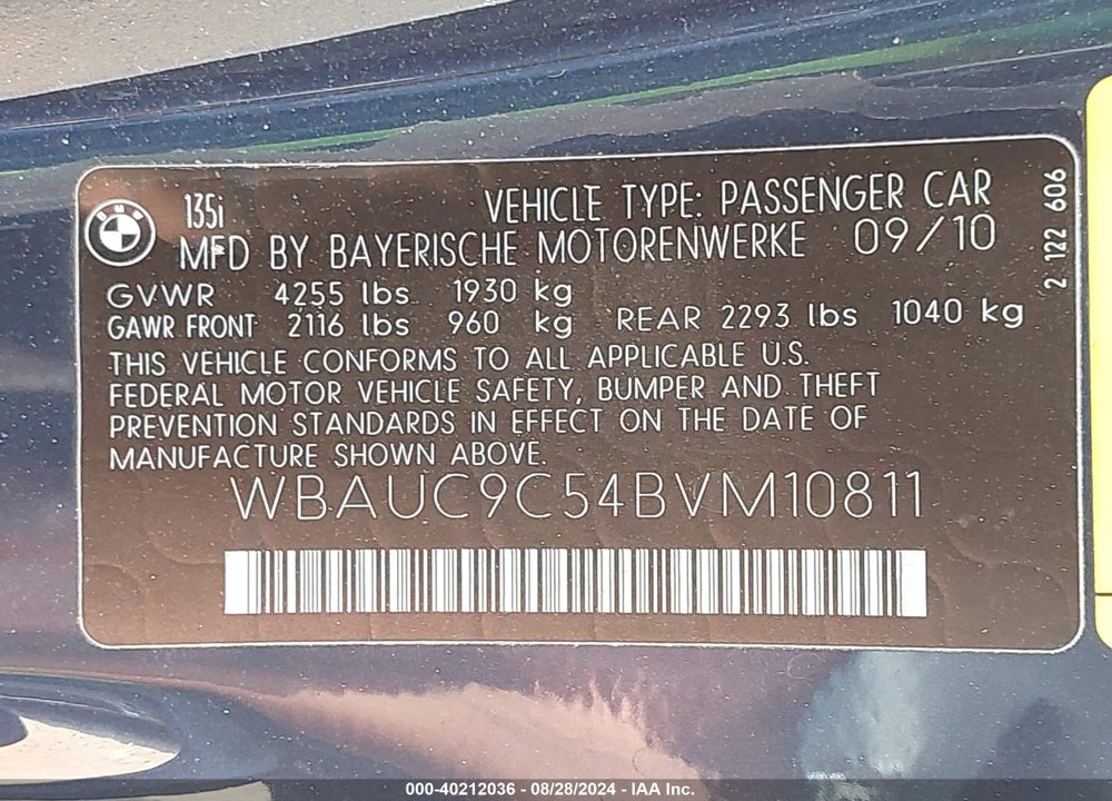 2011 BMW 135I VIN: WBAUC9C54BVM10811