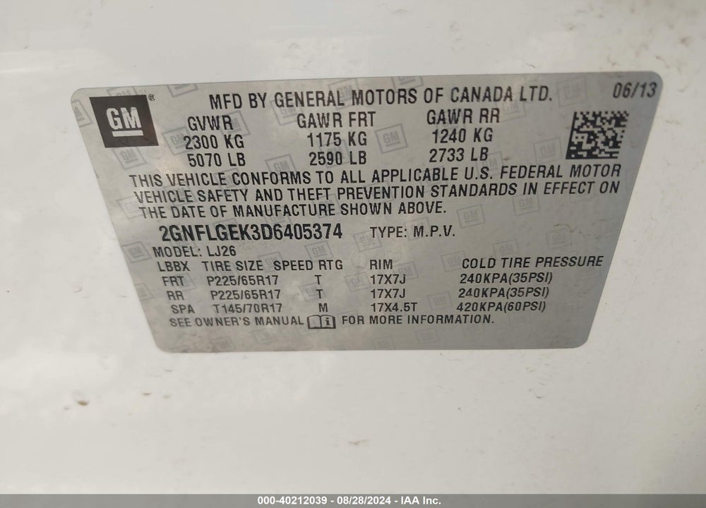 2013 CHEVROLET EQUINOX LTZ VIN: 2GNFLGEK3D6405374