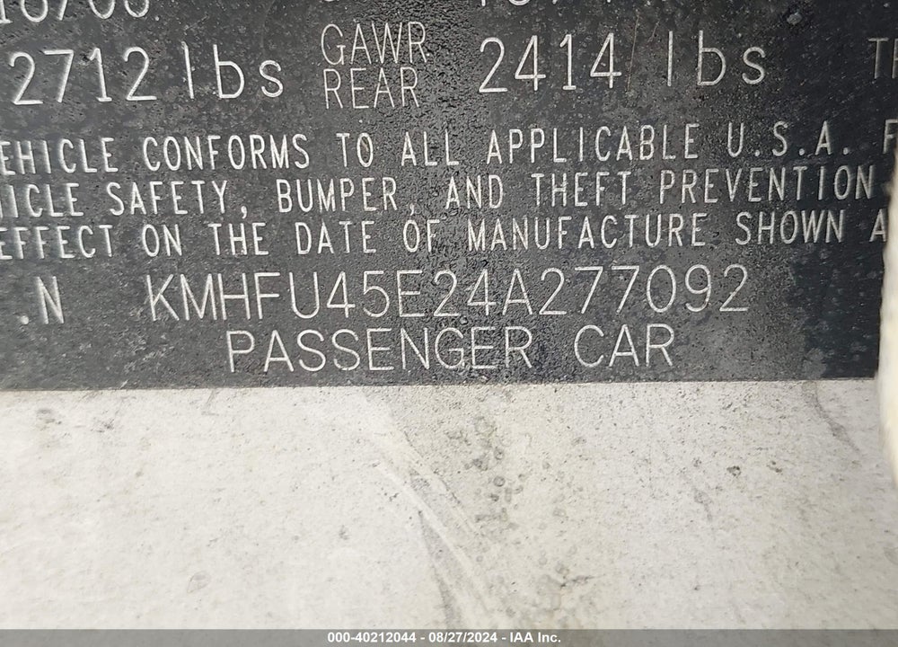 2004 HYUNDAI XG350 L VIN: KMHFU45E24A277092