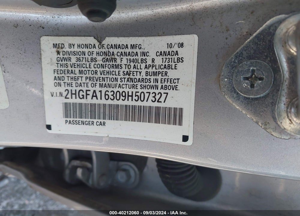 2009 HONDA CIVIC VP VIN: 2HGFA16309H507327