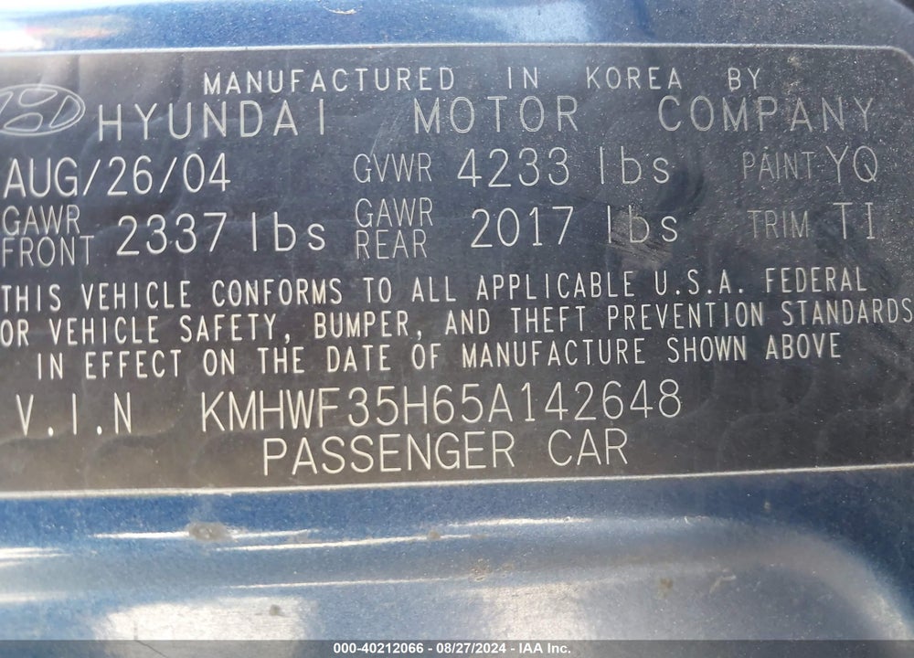 2005 HYUNDAI SONATA VIN: KMHWF35H65A142648