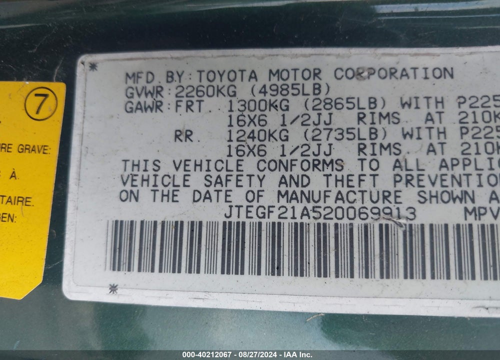 2002 TOYOTA HIGHLANDER V6 VIN: JTEGF21A520069913