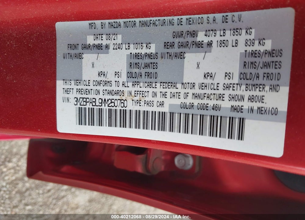 2021 MAZDA 3 VIN: 3MZBPABL9MM250760