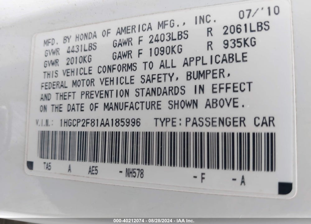 2010 HONDA ACCORD SDN 2.4 EX-L/EX-L VIN: 1HGCP2F81AA185996