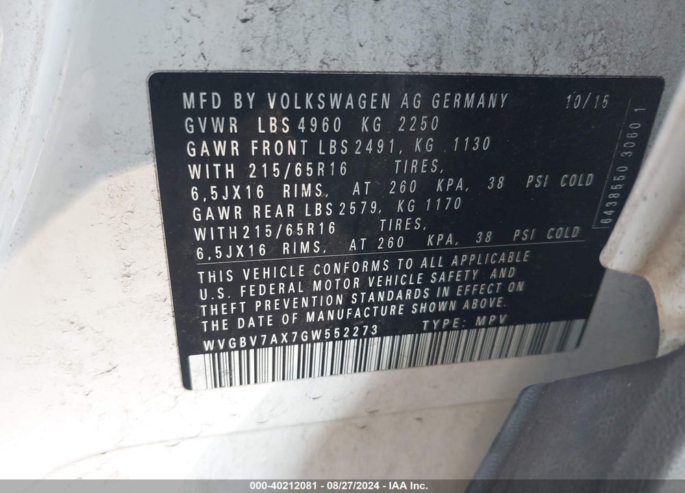 2016 VOLKSWAGEN TIGUAN S VIN: WVGBV7AX7GW552273
