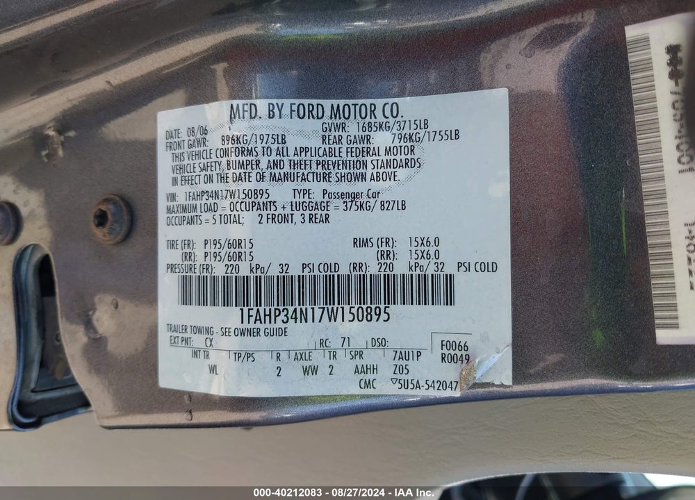 2007 FORD FOCUS S/SE/SES VIN: 1FAHP34N17W150895
