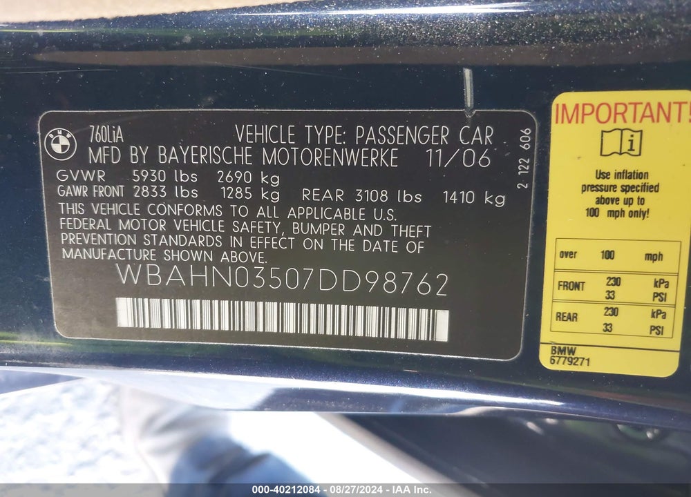 2007 BMW 760LI VIN: WBAHN03507DD98762