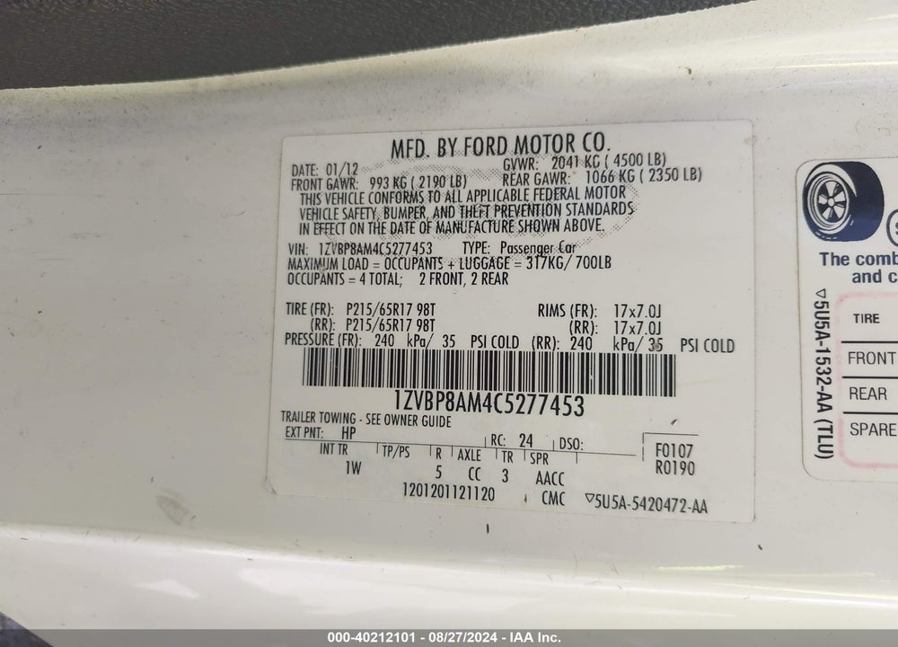 2012 FORD MUSTANG VIN: 1ZVBP8AM4C5277453
