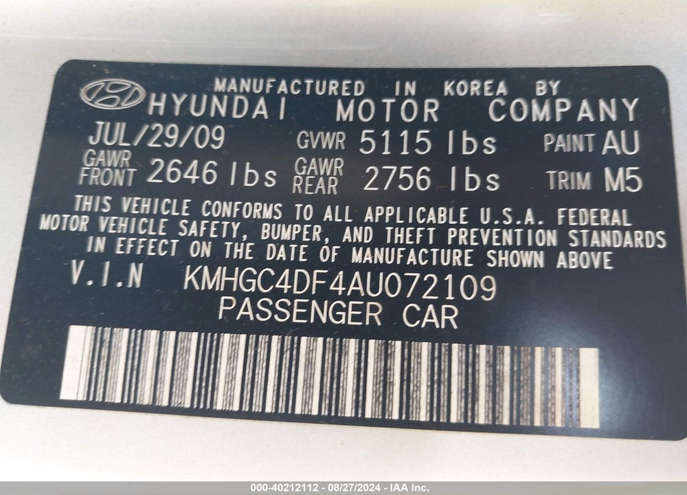 2010 HYUNDAI GENESIS VIN: KMHGC4DF4AU072109