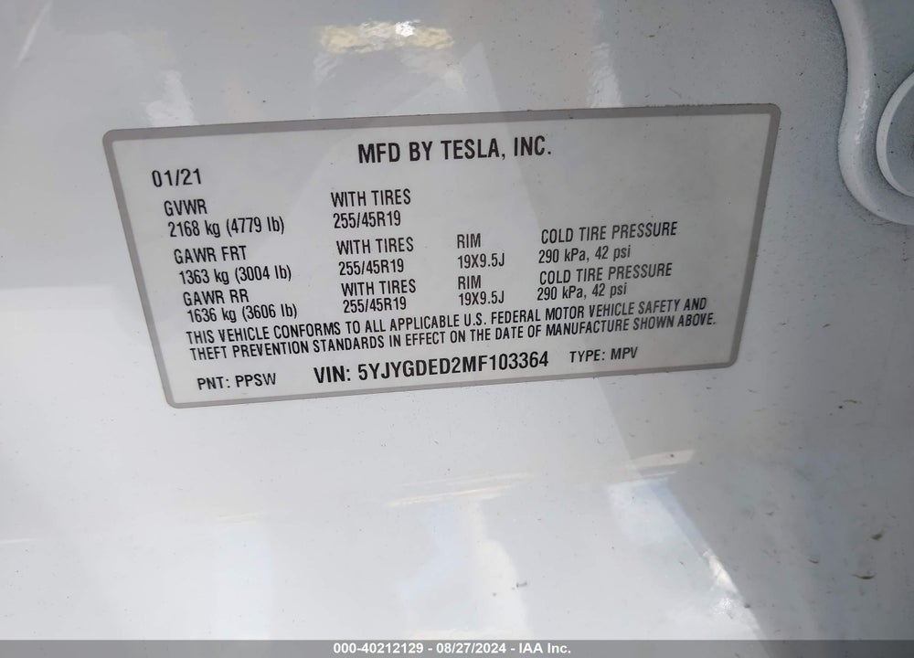 2021 TESLA MODEL Y STANDARD RANGE REAR-WHEEL DRIVE VIN: 5YJYGDED2MF103364