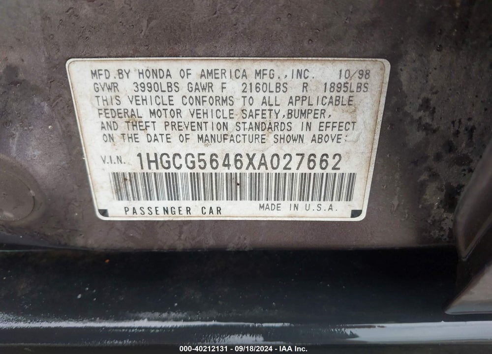 1999 HONDA ACCORD LX VIN: 1HGCG5646XA027662