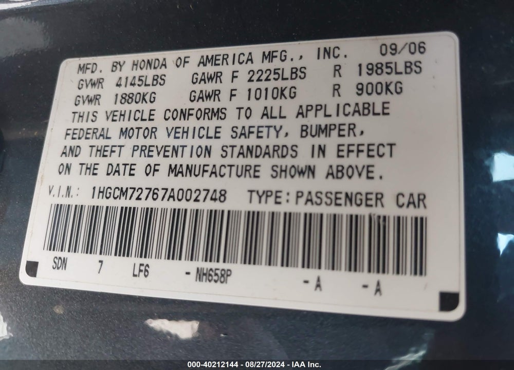 2007 HONDA ACCORD VIN: 1HGCM72767A002748