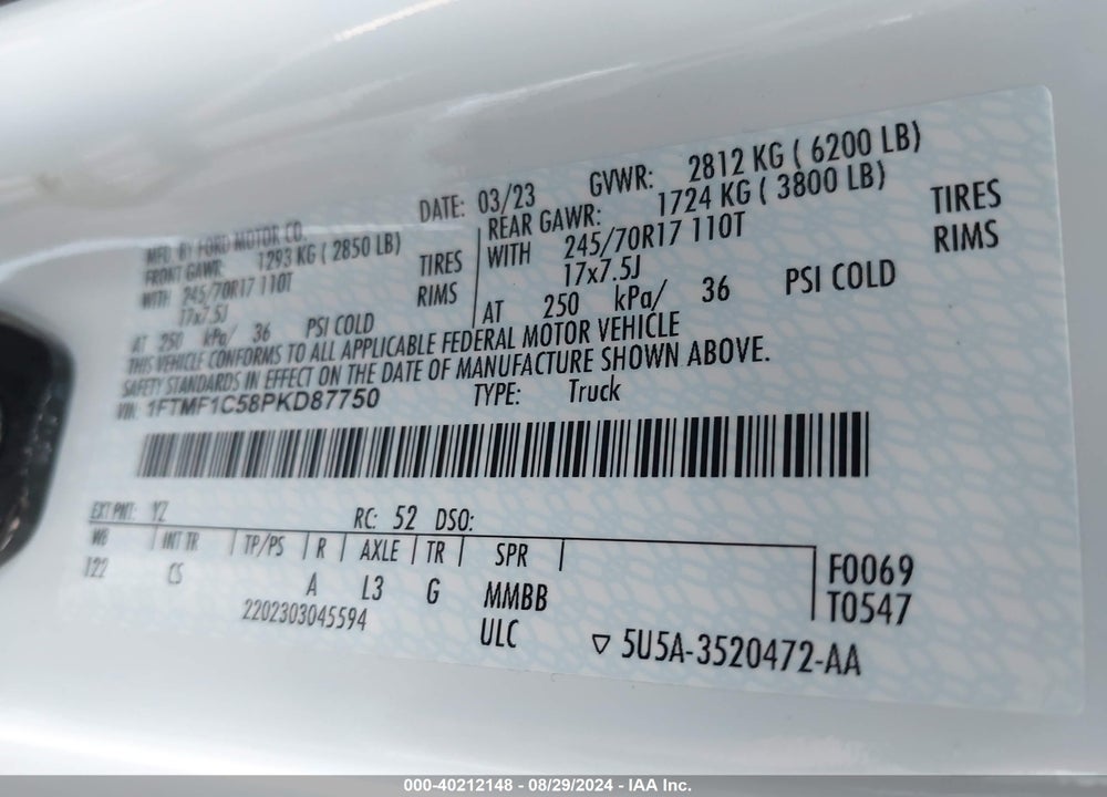 2023 FORD F-150 XL VIN: 1FTMF1C58PKD87750