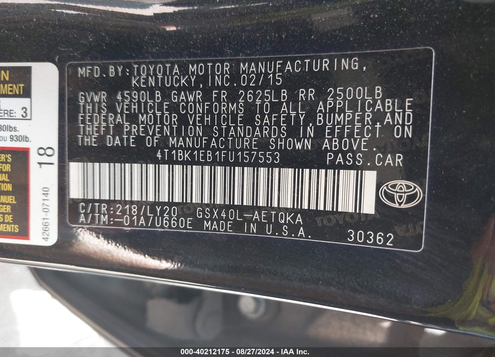 2015 TOYOTA AVALON XLE TOURING SE VIN: 4T1BK1EB1FU157553