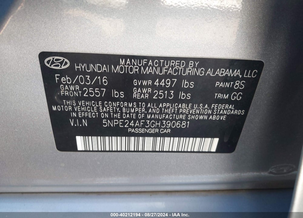 2016 HYUNDAI SONATA SE VIN: 5NPE24AF3GH390681