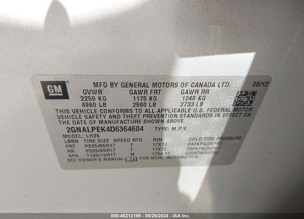 2013 CHEVROLET EQUINOX 2LT VIN: 2GNALPEK4D6364604
