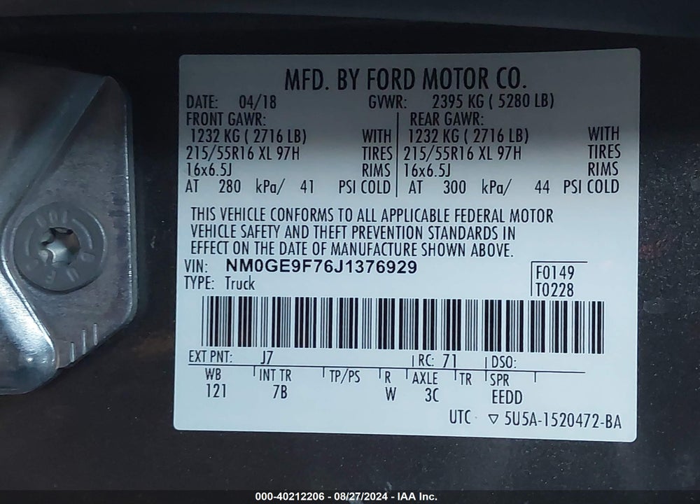 2018 FORD TRANSIT CONNECT XLT VIN: NM0GE9F76J1376929