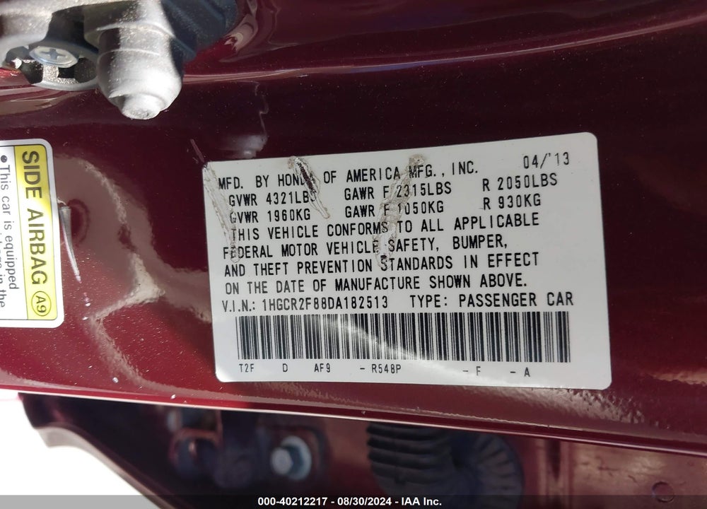 2013 HONDA ACCORD EX-L VIN: 1HGCR2F88DA182513