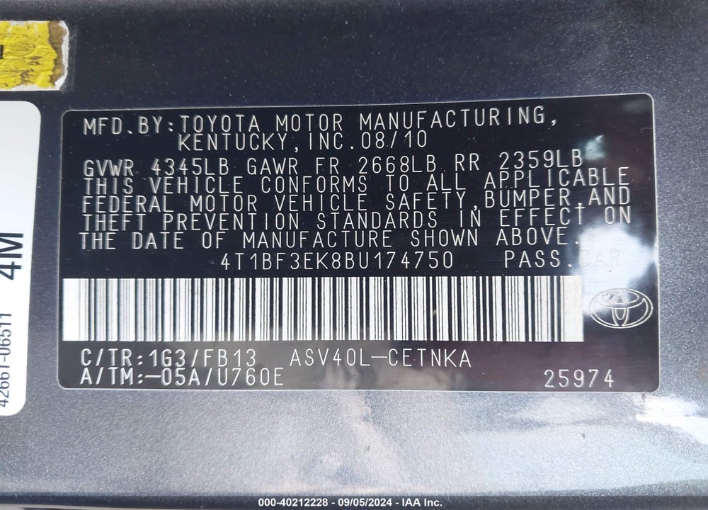 2011 TOYOTA CAMRY LE VIN: 4T1BF3EK8BU174750
