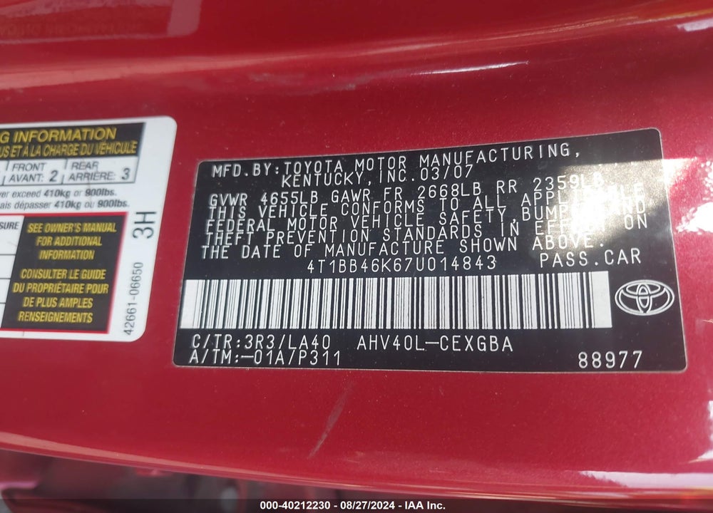 2007 TOYOTA CAMRY HYBRID VIN: 4T1BB46K67U014843