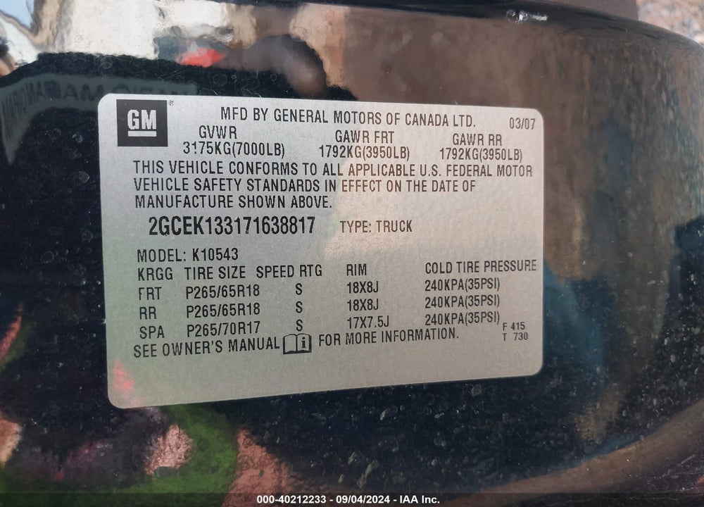 2007 CHEVROLET SILVERADO 1500 LTZ VIN: 2GCEK133171638817