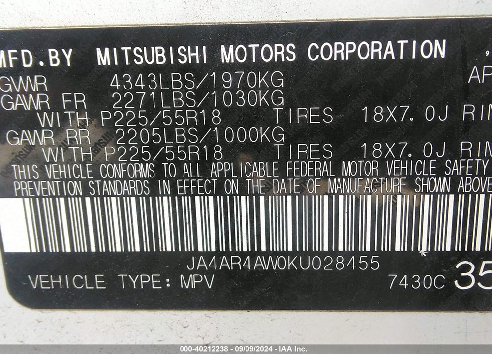2019 MITSUBISHI OUTLANDER SPORT 2.4 GT VIN: JA4AR4AW0KU028455