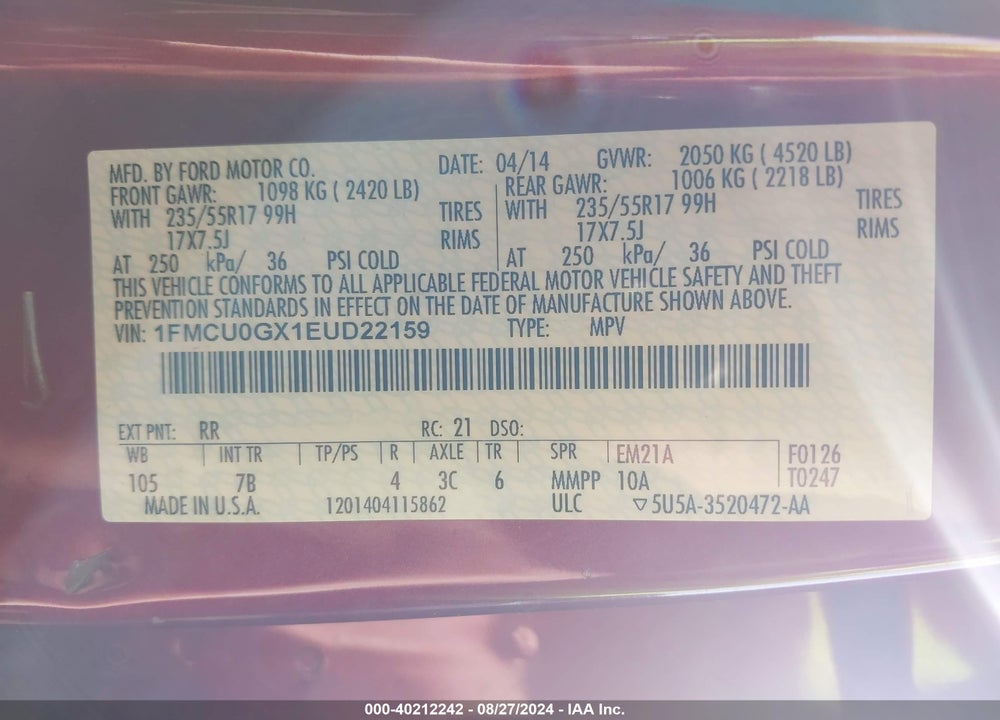 2014 FORD ESCAPE SE VIN: 1FMCU0GX1EUD22159