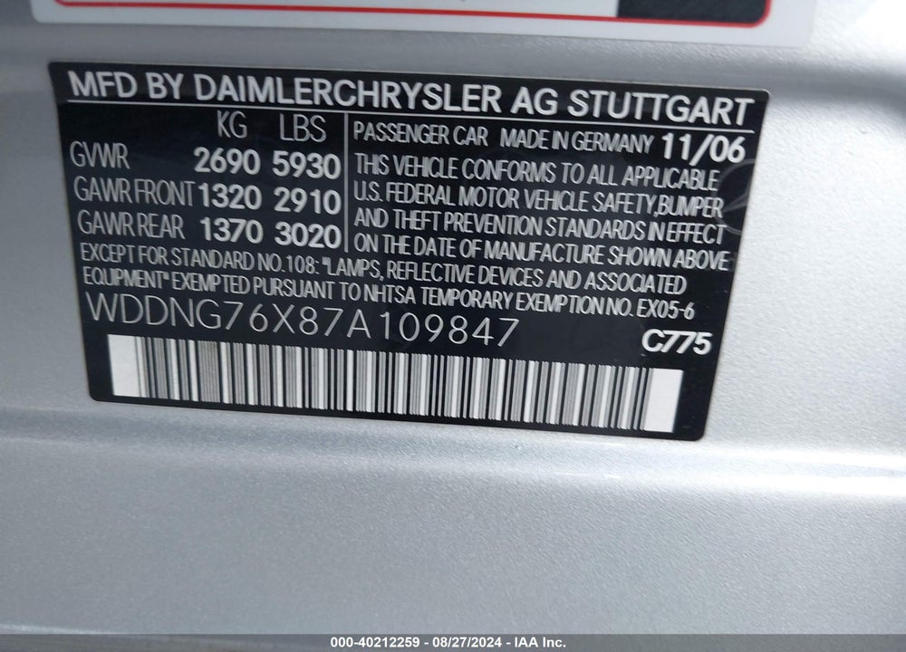 2007 MERCEDES-BENZ S 600 VIN: WDDNG76X87A109847