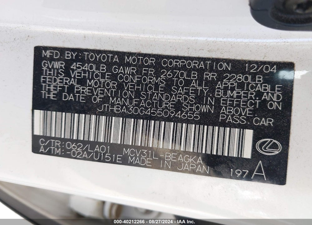 2005 LEXUS ES 330 VIN: JTHBA30G455094655