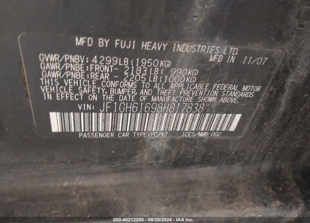 2008 SUBARU IMPREZA 2.5I VIN: JF1GH61698H817838