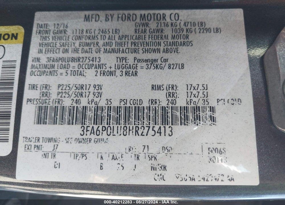2017 FORD FUSION HYBRID SE VIN: 3FA6P0LU8HR275413