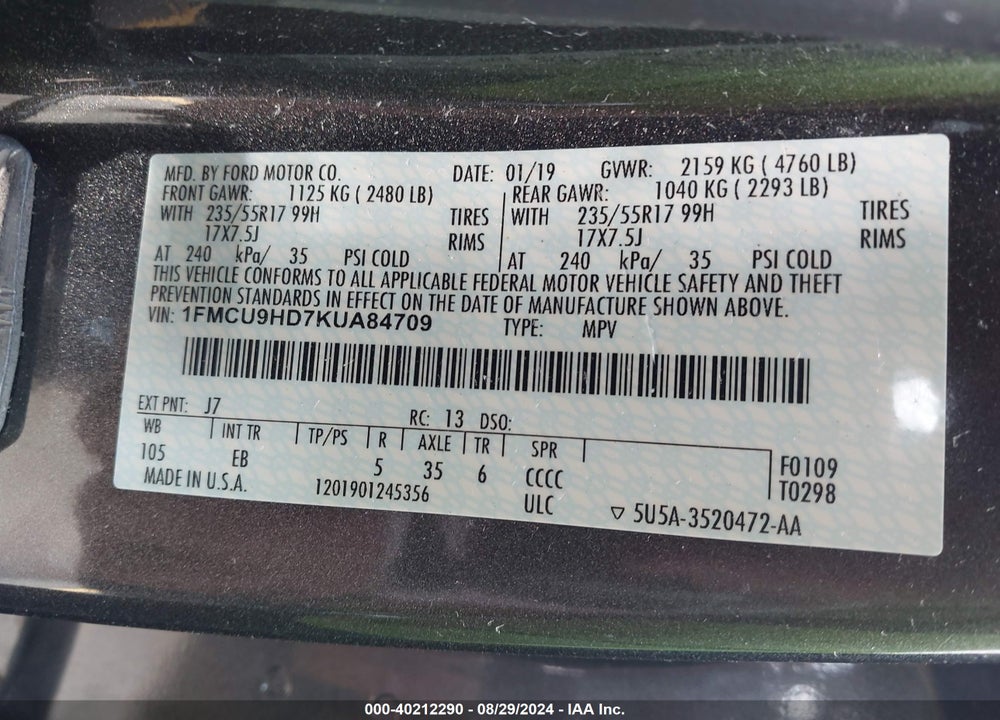 2019 FORD ESCAPE SEL VIN: 1FMCU9HD7KUA84709