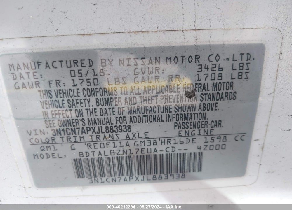 2018 NISSAN VERSA 1.6 SV VIN: 3N1CN7APXJL883938
