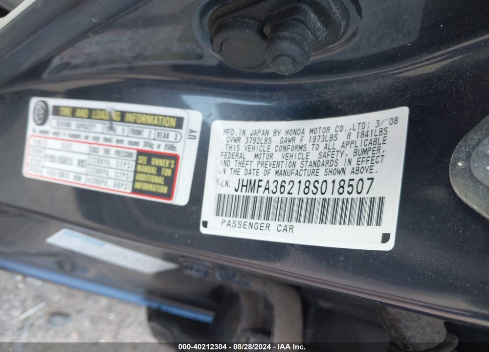 2008 HONDA CIVIC HYBRID VIN: JHMFA36218S018507