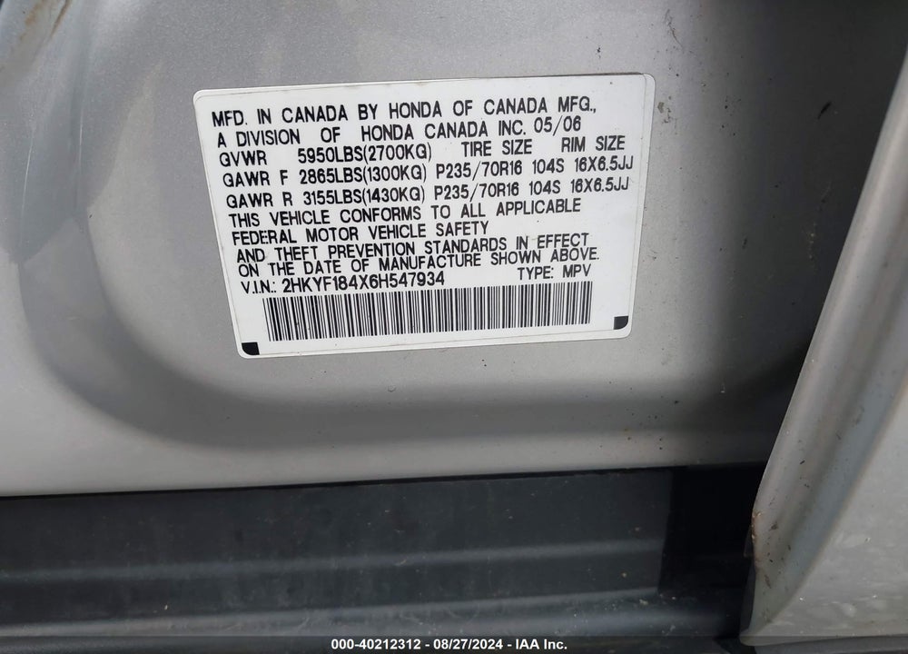 2006 HONDA PILOT EX VIN: 2HKYF184X6H547934