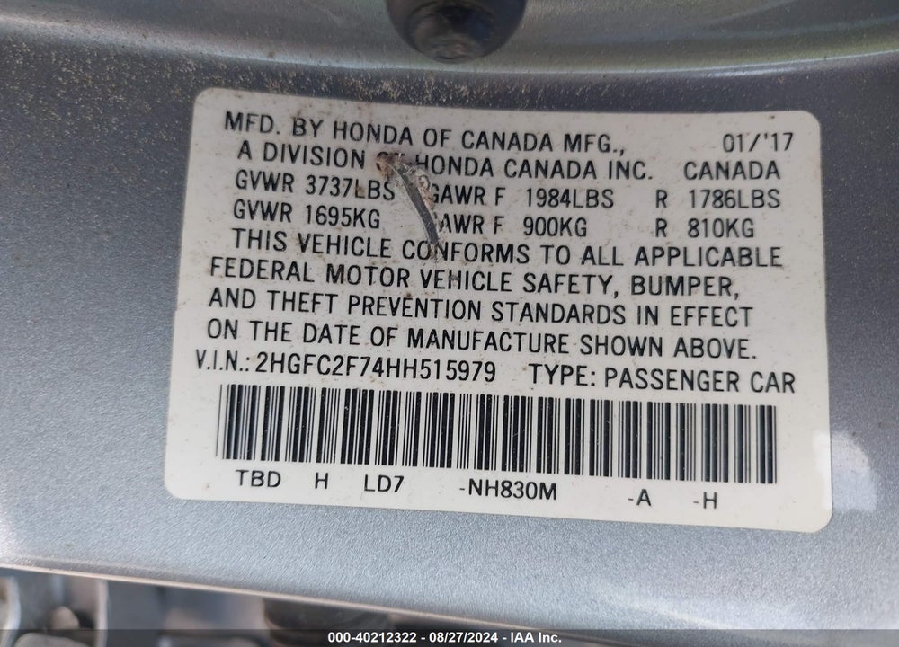 2017 HONDA CIVIC EX VIN: 2HGFC2F74HH515979