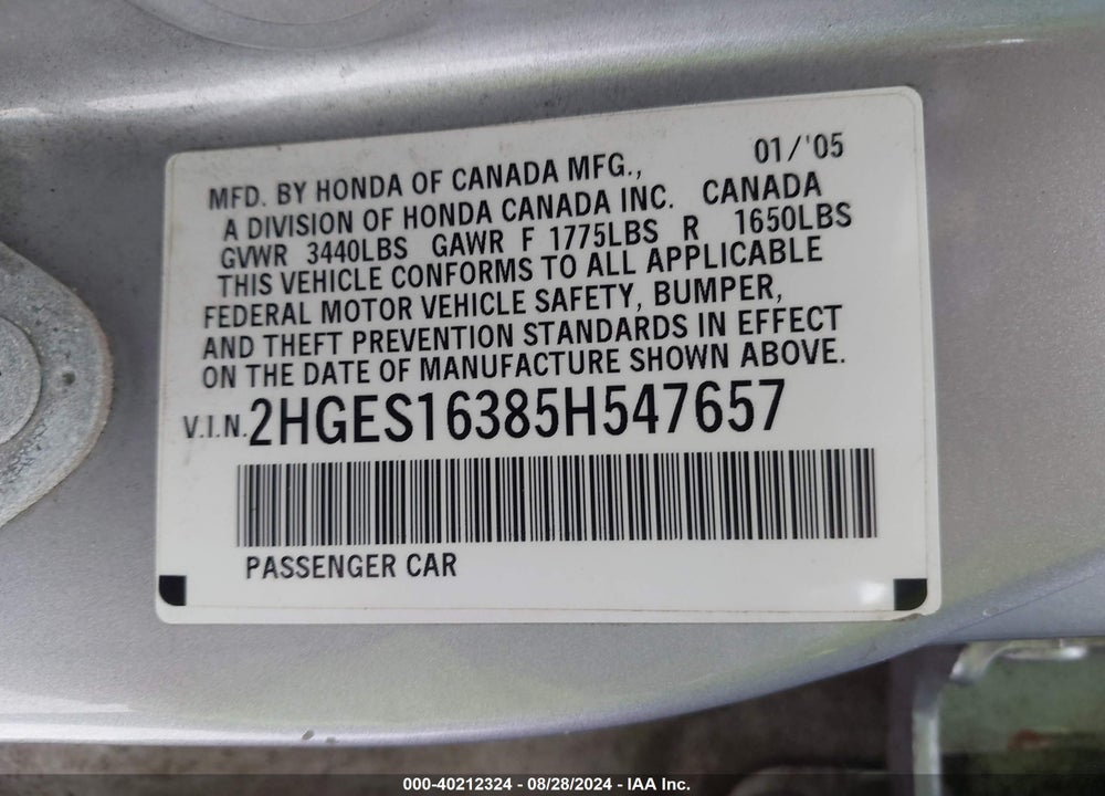 2005 HONDA CIVIC VP VIN: 2HGES16385H547657