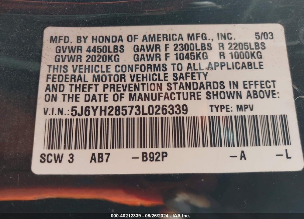 2003 HONDA ELEMENT EX VIN: 5J6YH28573L026339