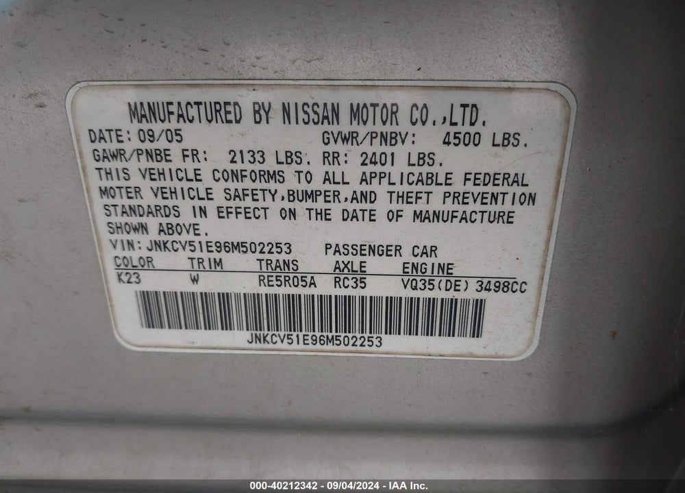 2006 INFINITI G35 VIN: JNKCV51E96M502253