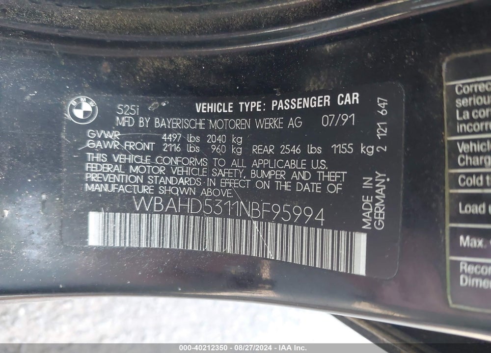 1992 BMW 525 I VIN: WBAHD5311NBF95994