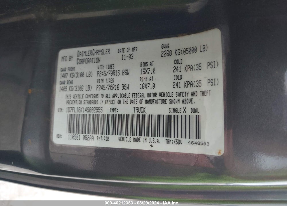 2004 DODGE DAKOTA VIN: 1D7FL16K14S602955