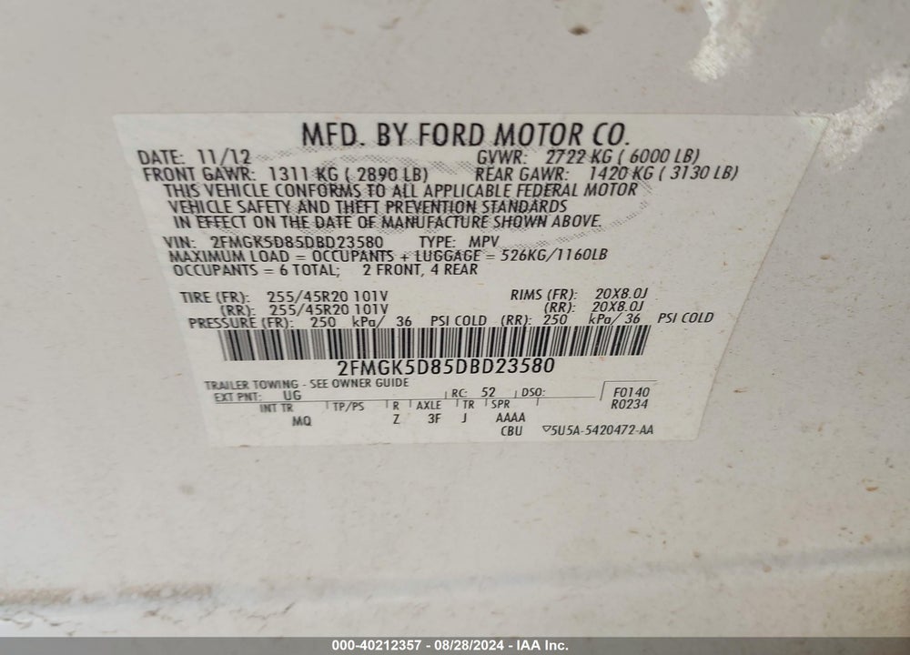 2013 FORD FLEX LIMITED VIN: 2FMGK5D85DBD23580