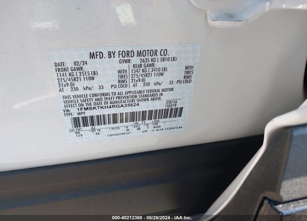 2024 FORD EXPLORER ST-LINE VIN: 1FMSK7KH4RGA35624