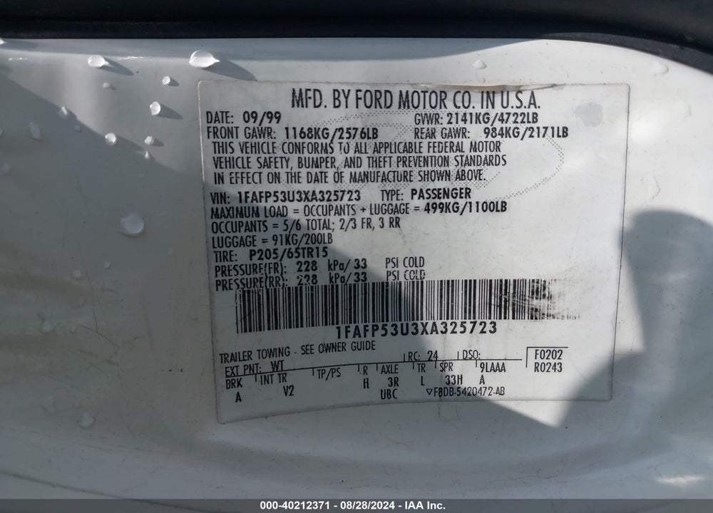 1999 FORD TAURUS SE/SE-NE VIN: 1FAFP53U3XA325723