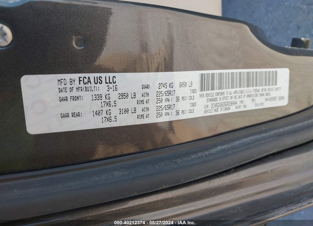 2016 DODGE GRAND CARAVAN AMERICAN VALUE PKG VIN: 2C4RDGBG5GR336404