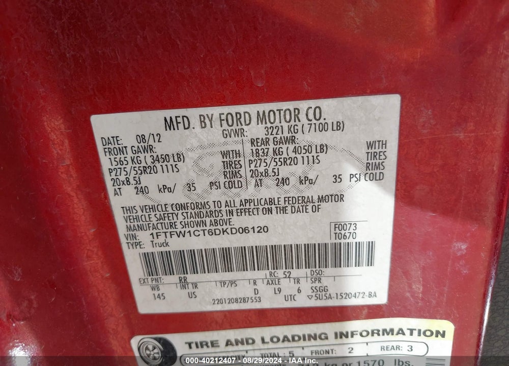 2013 FORD F-150 XLT VIN: 1FTFW1CT6DKD06120