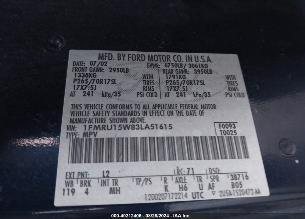 2003 FORD EXPEDITION VIN: 1FMRU15W83LA51615