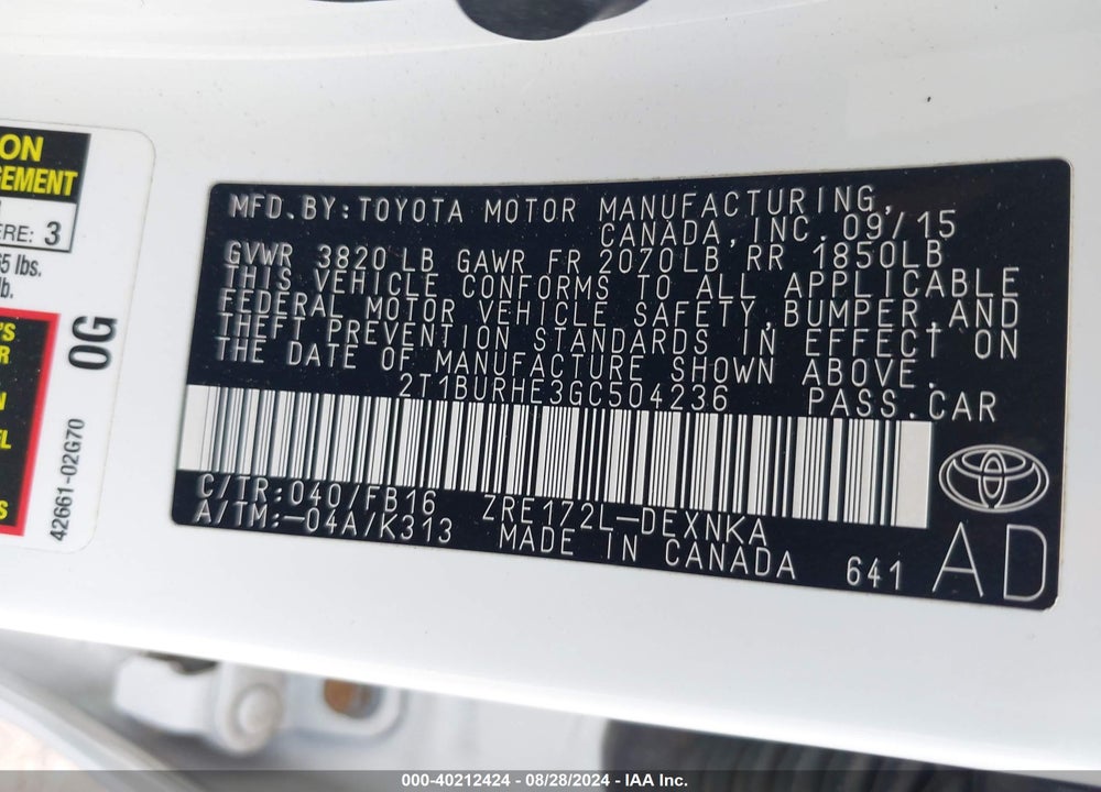 2016 TOYOTA COROLLA LE VIN: 2T1BURHE3GC504236